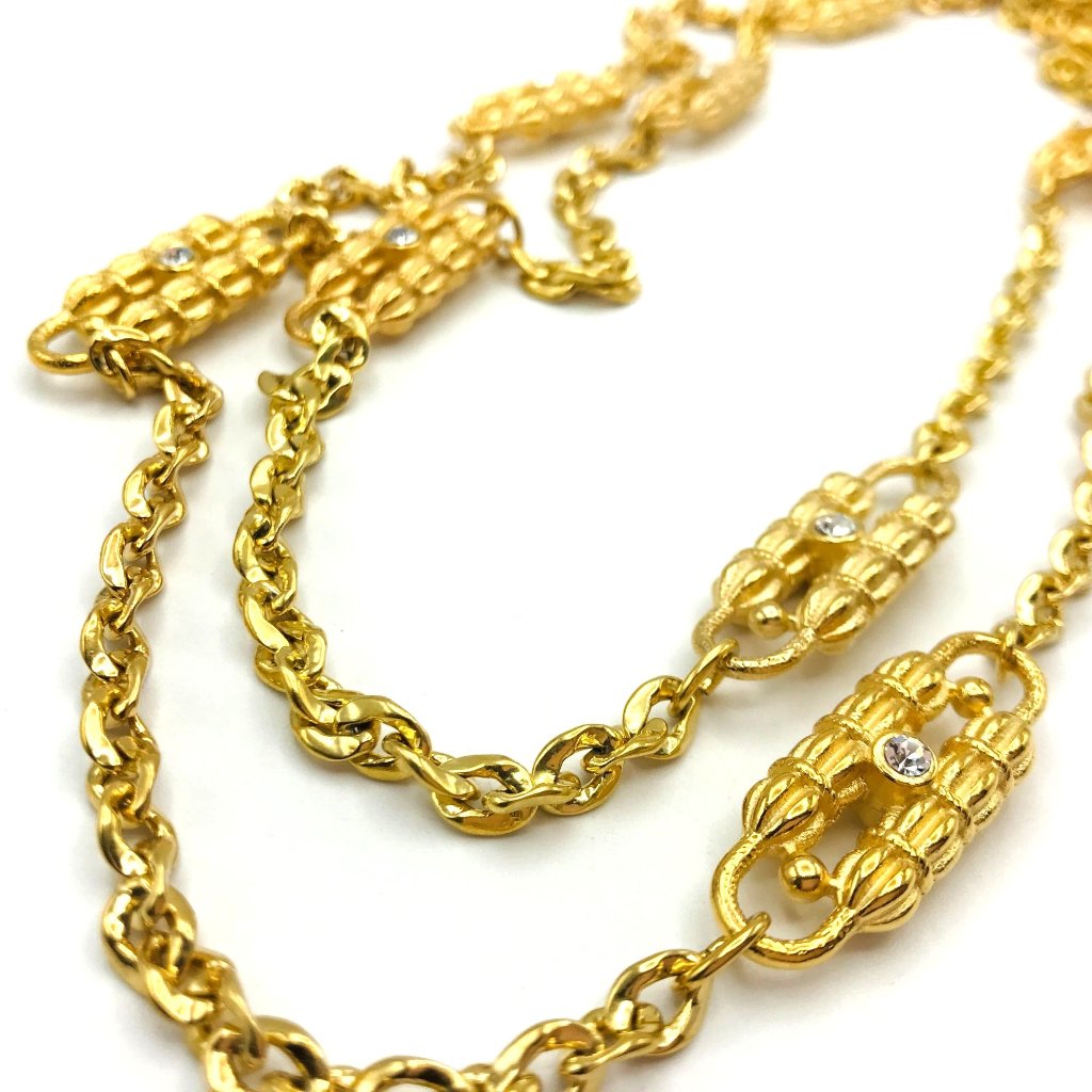 Necklace Double Strand Gold Tone Textured With Clear Rhinestones By Jbk 24